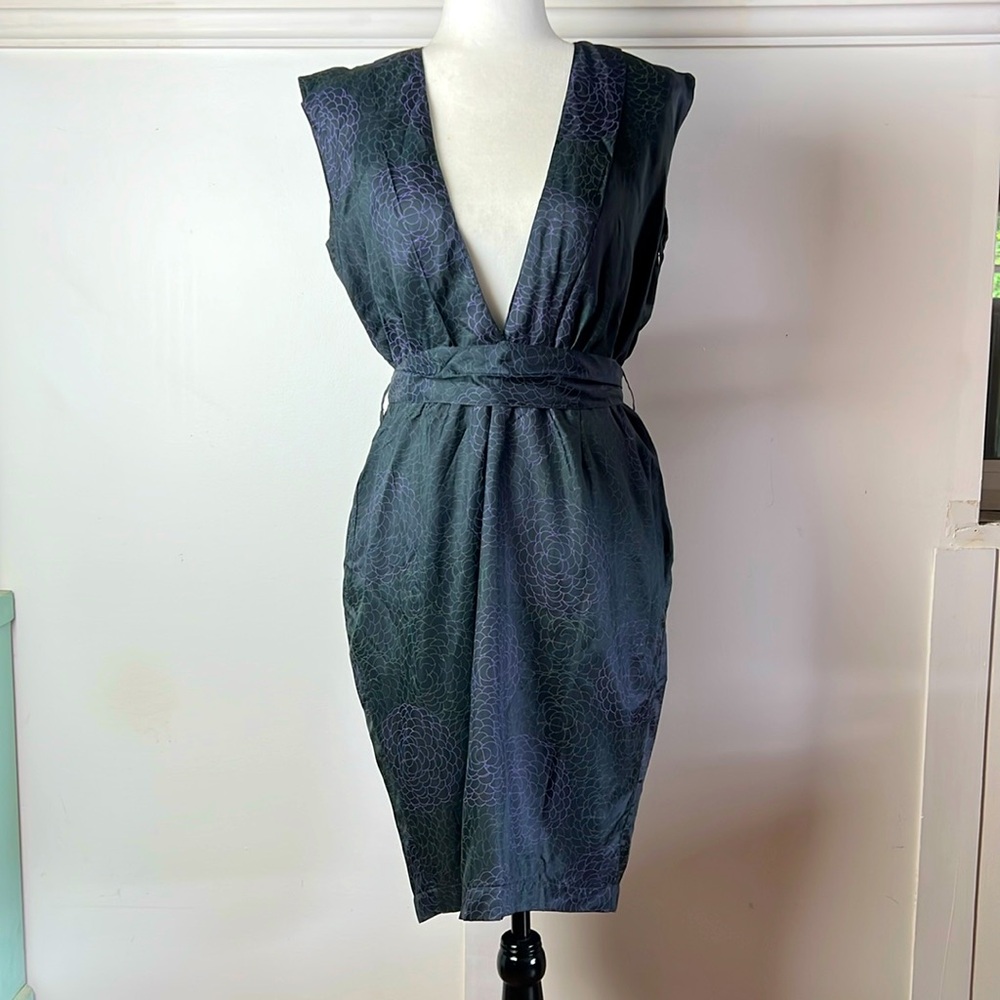 Silk Low Cut Cocktail Dress Purple and Black with Plunge Deep V Neck